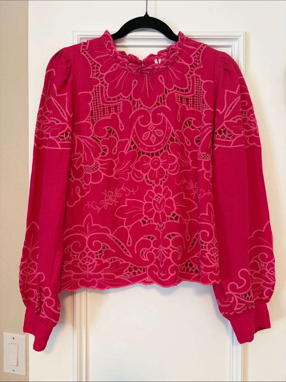 Women’s Pink Floral Lace Long-Sleeve Blouse